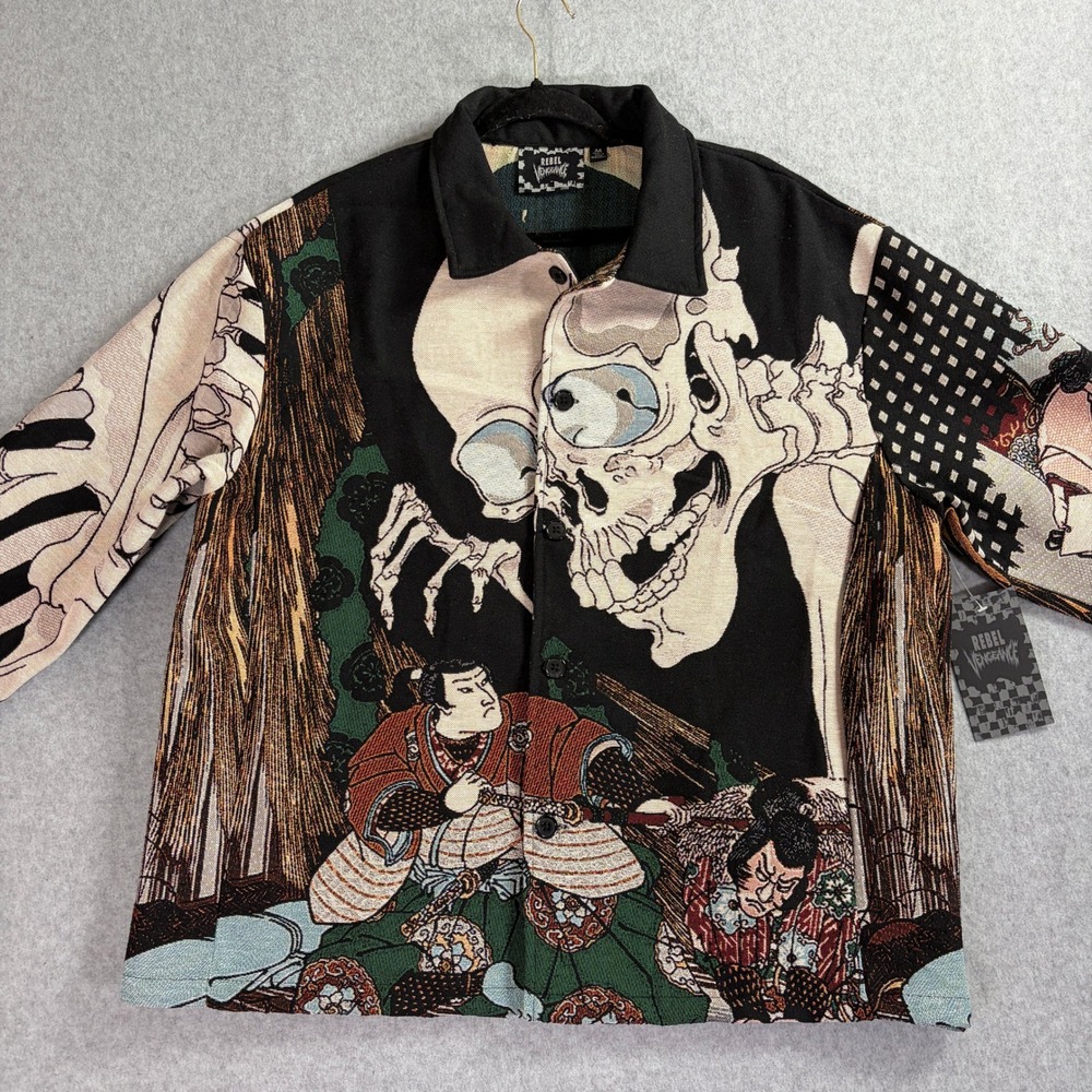 Rebel Vengeance Tapestry Skeleton Samurai Button Down Jacket Black Mens Medium